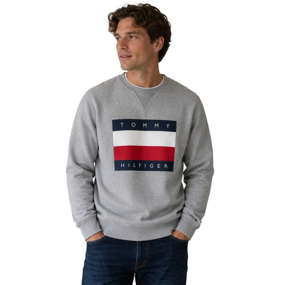 Tommy Hilfiger Men’s Large Gray Flag Logo Crewneck Sweatshirt